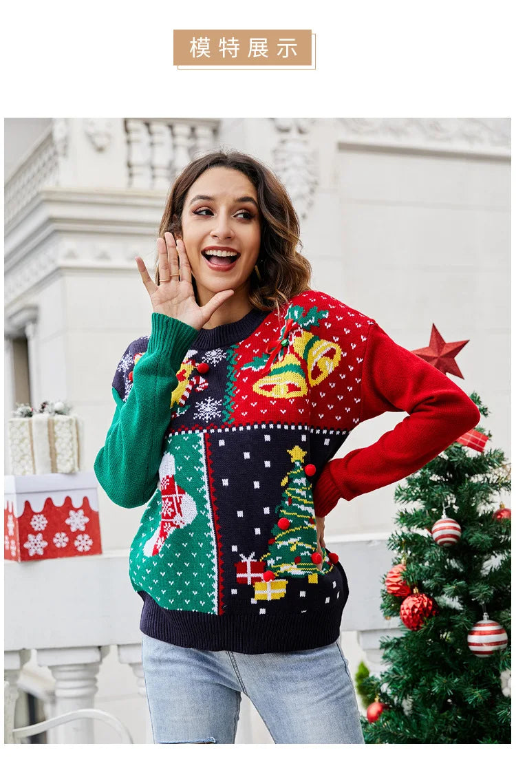 Christmas Sweater Women's Socks Christmas Tree Autumn/Winter New Round Neck Long Sleeve Loose Knitted Sweater 2024 Y2k Cloting