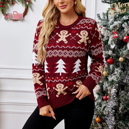 2025New Gingerbread Man Jacquard Long Sleeve Sweater Pullover Casual Top Christmas Sweater