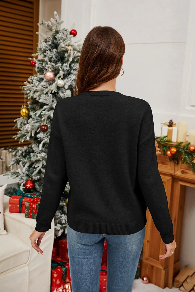 Sweater 2025 Autumn/Winter New Product Christmas Cane Bow Glitter Women's Fashion Round Neck Hooded Long Sleeve Knitted Sweater