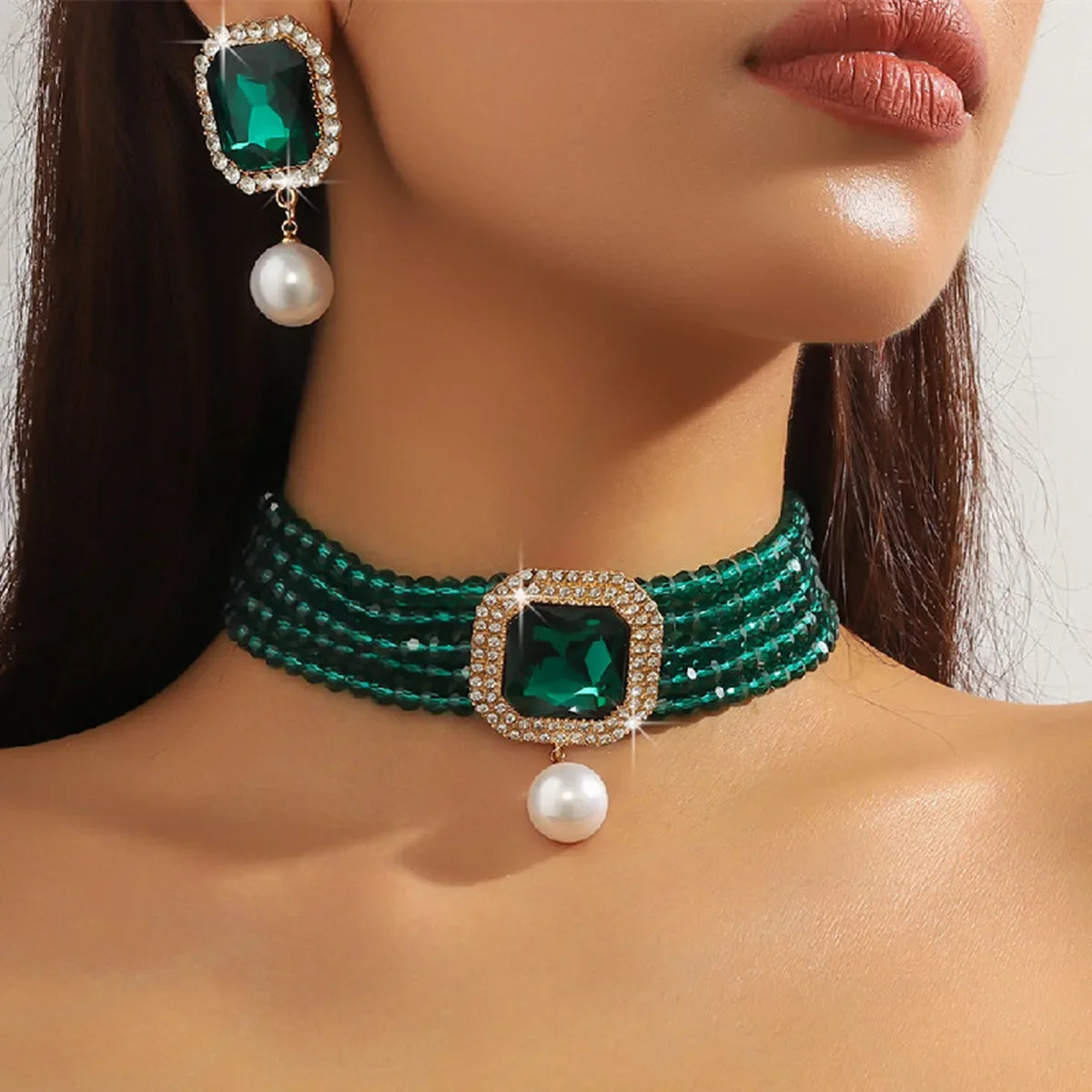 Vintage Multilayer Green Red Blue Black Crystal Necklace Geometric Square Pearl Earrings For Women Weddings Banquet Jewelry Sets