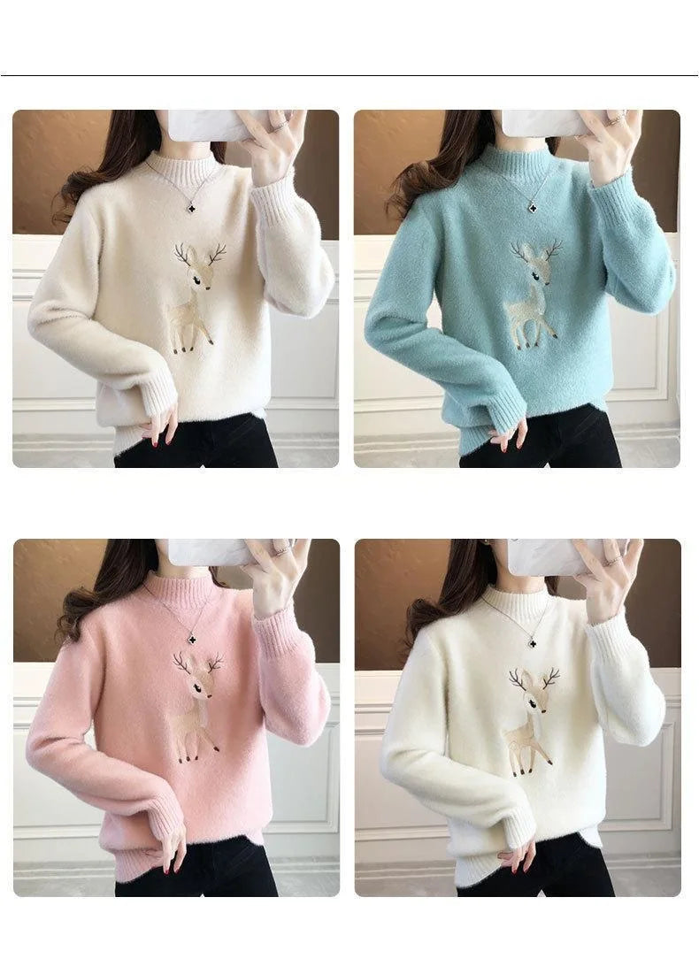 2023 Christmas Sweater Women Faux Mink Cashmere Half High Collar Pullover Fleece Winter Clothes Embroidery Deer Warm Jumper