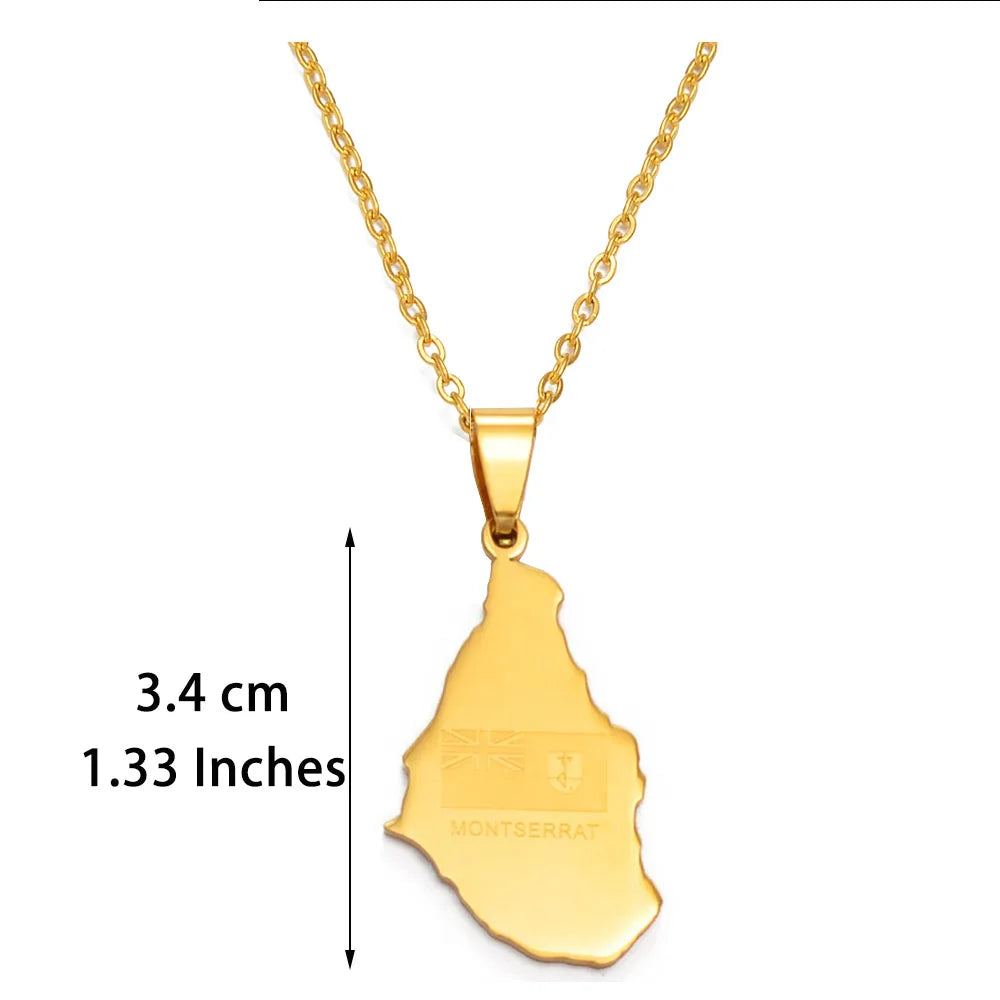 Anniyo Map of Montserrat United Kingdom Pendant and Thin Chain Necklaces Stainless Steel Montserrat Maps Jewelry #054621