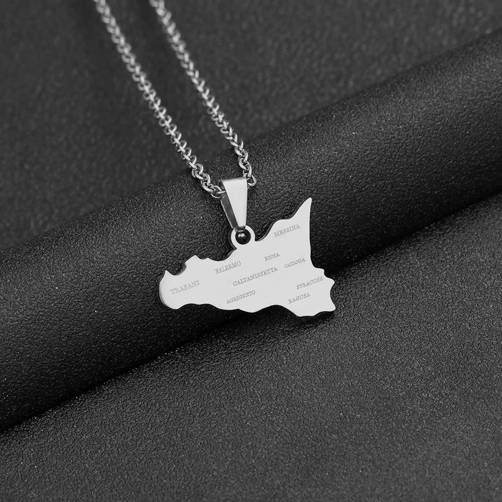2024 new fashion stainless steel Sicily map and city pendant necklace temperament all collars chain birthday anniversary small g