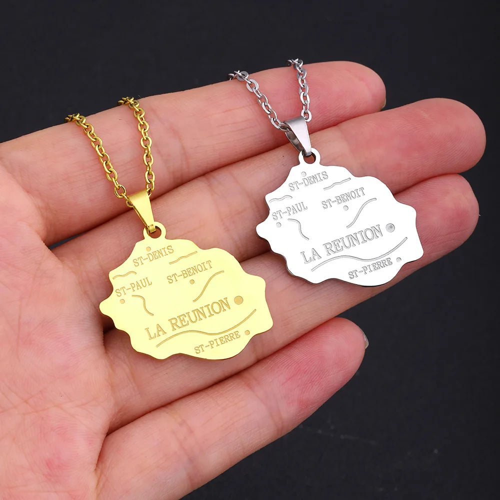 2024 New fashion stainless steel French Reunion map pendant necklace Geometric fashion men's and women's stainless steel pendant