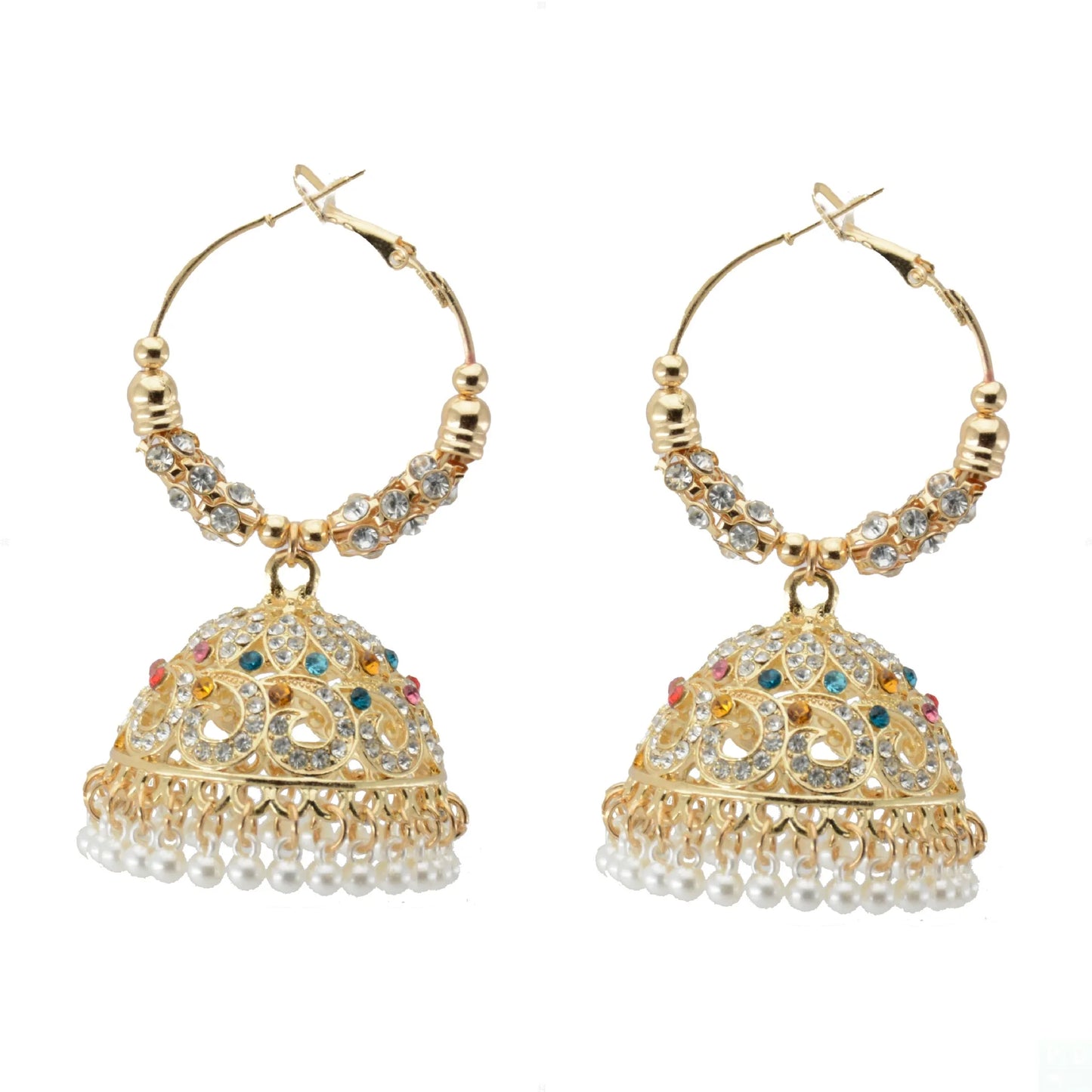 1 Pair Indian Bollywood Jhumka Earrings, Colorful Rhinestone Hollow Pearl Pendant Tassel, Women's Daily Wear Banquet Party Gift