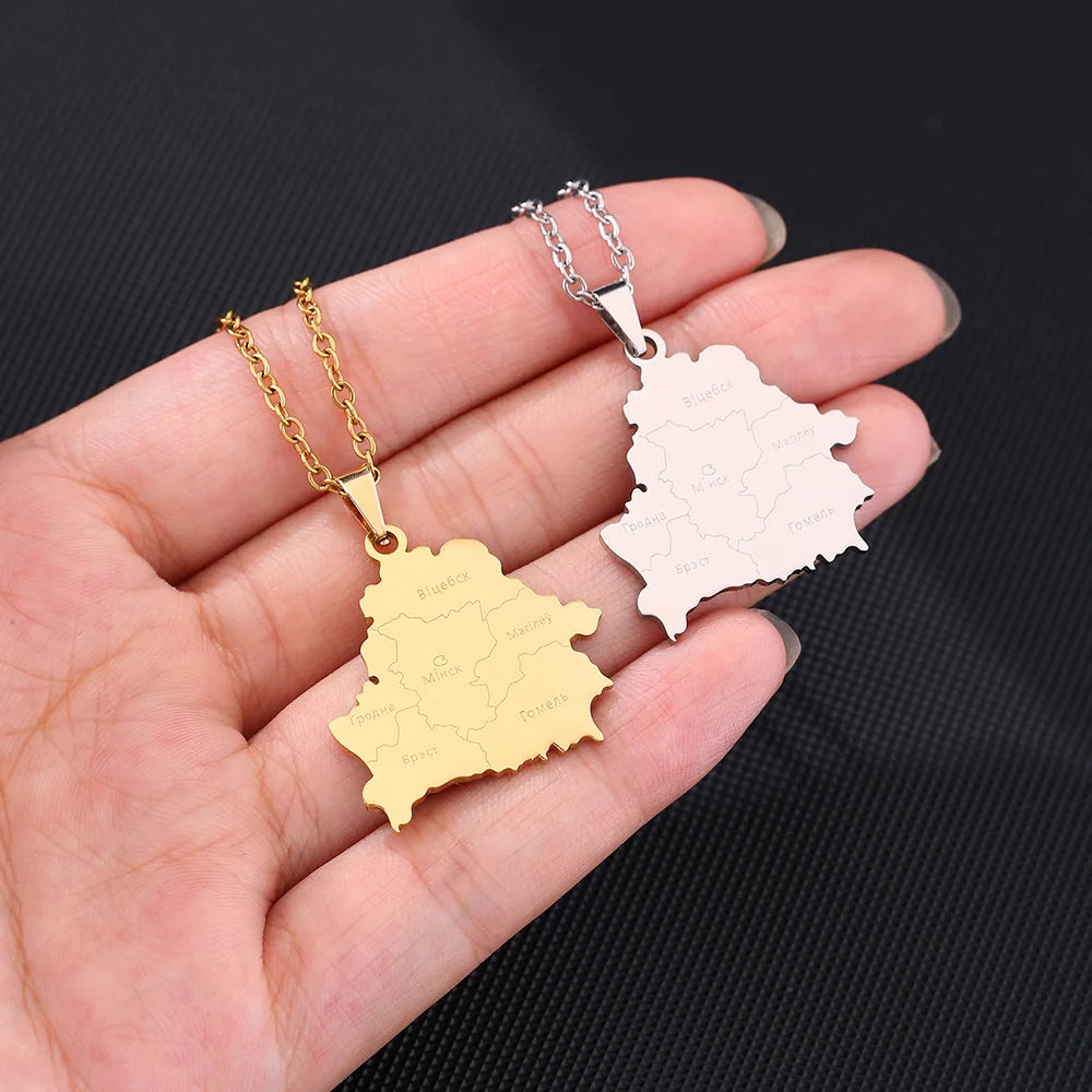 2024 New fashion stainless steel Belarusian map with city necklace for women and men couples ethnic style accessory collarbone c