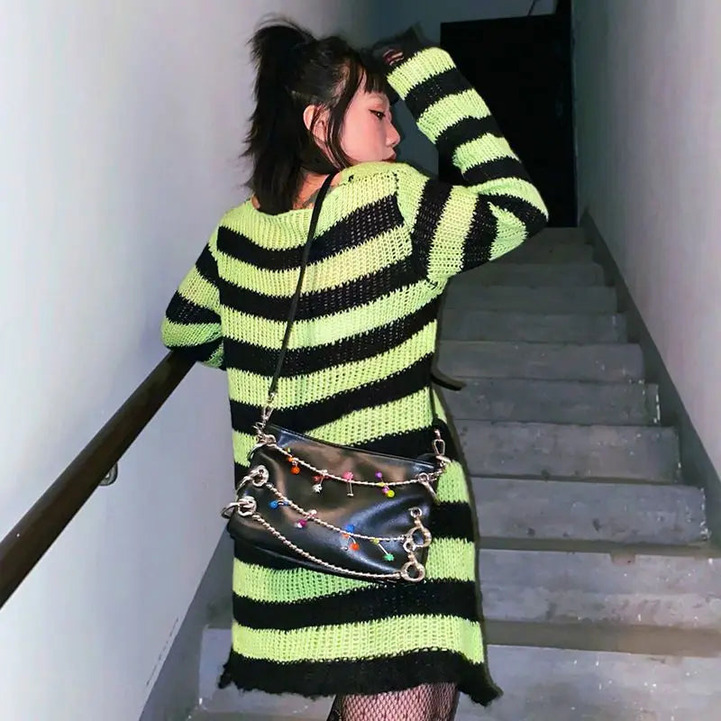 2024 Purple Striped Gothic Sweaters Women Ripped Holes Loose Knitted Pullover Frayed Fairy Grunge Jumpers Emo Streetwear Lolita