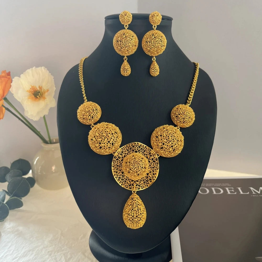 Dubai 24K Gold Color Long Jewelry Sets Wedding African Necklace Earrings For Women Nigerian Indian Bridal Set Party Gifts