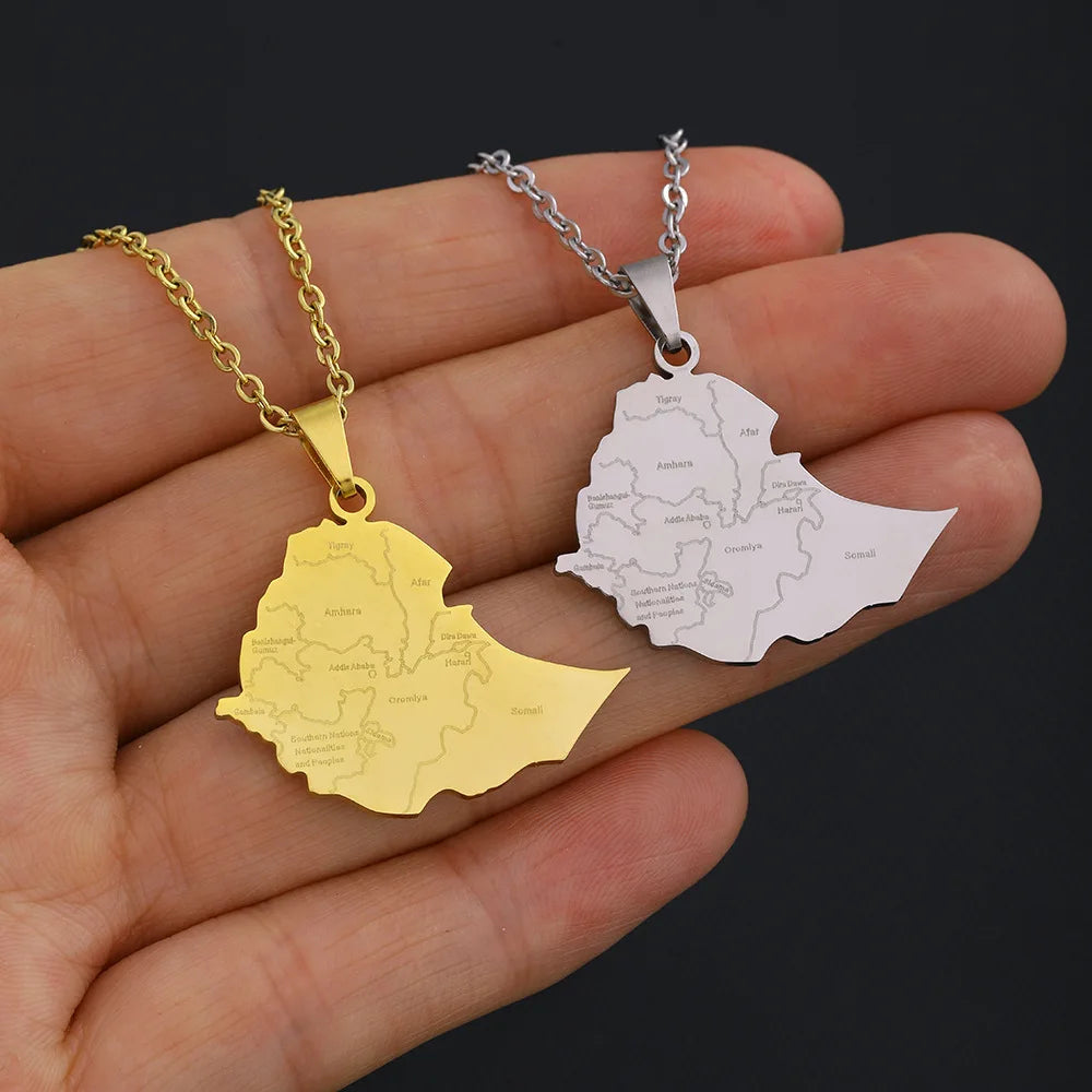 2024 New fashion stainless steel Ethiopia map with city necklace for women and men couples ethnic style accessory collarbone cha