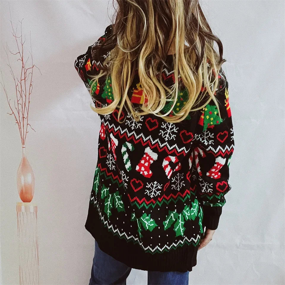2023 Cross-border Amazon Autumn/winter New Single-breasted V-neck Christmas Theme Knit Sweater Cardigan New Year