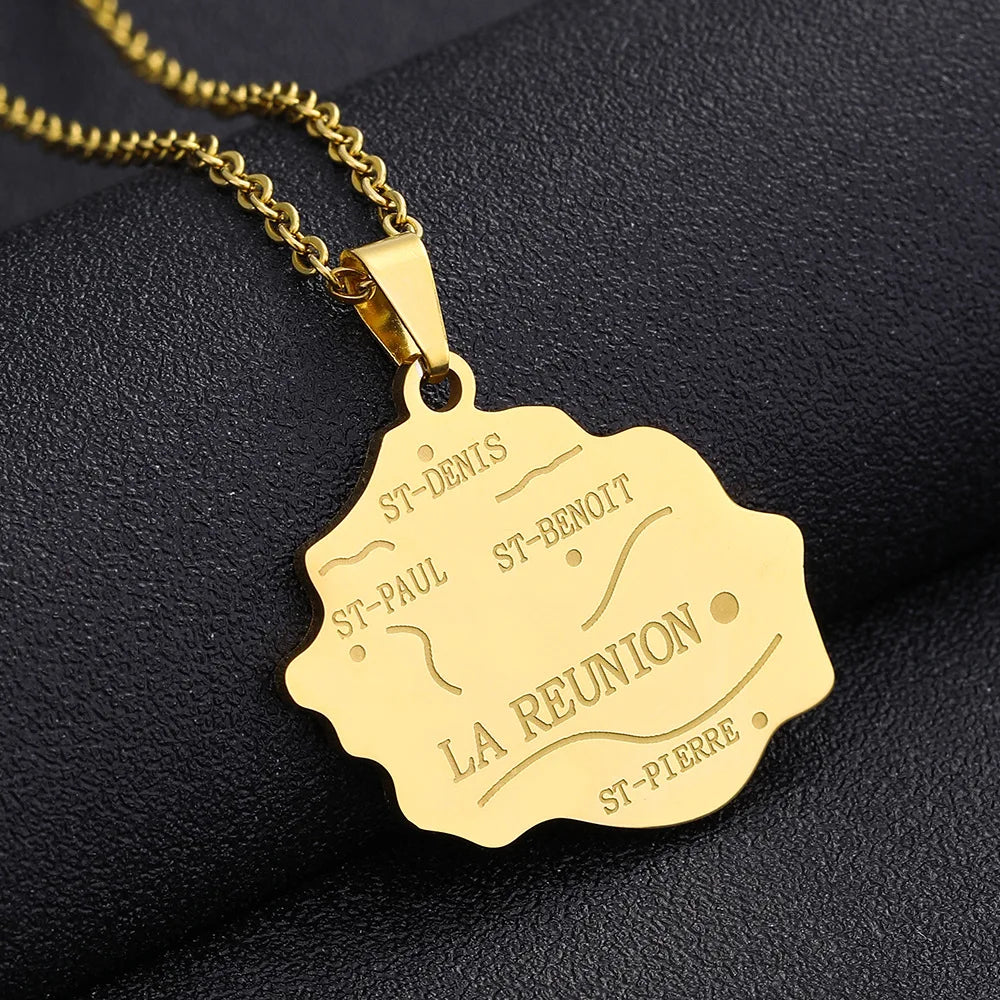 2024 New fashion stainless steel French Reunion map pendant necklace Geometric fashion men's and women's stainless steel pendant