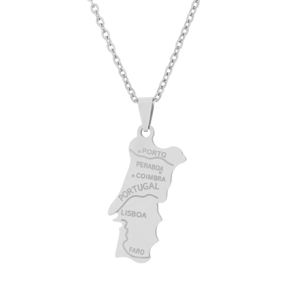 2024 new fashion stainless steel Portugal map pendant necklace temperament everything collarbone chain birthday anniversary gift
