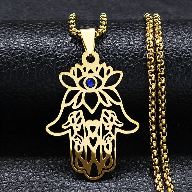 Hamsa Hand Stainless Steel Necklace Gold Color Amulet Hand of Fatima Necklaces Islamic Religious Arabic Jewelry mano de fatima