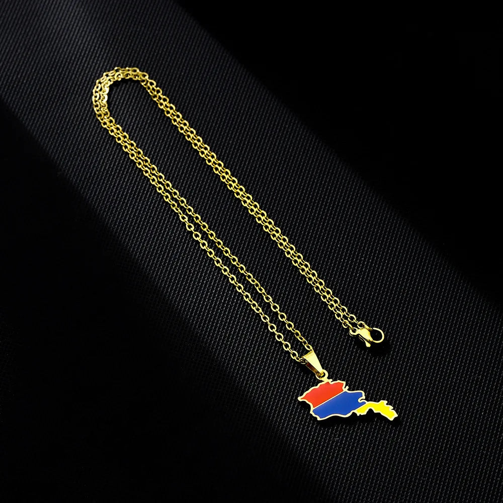 2024 New fashion stainless steel Armenian map flag necklace women's all-matching metal sweater chain niche accessories
