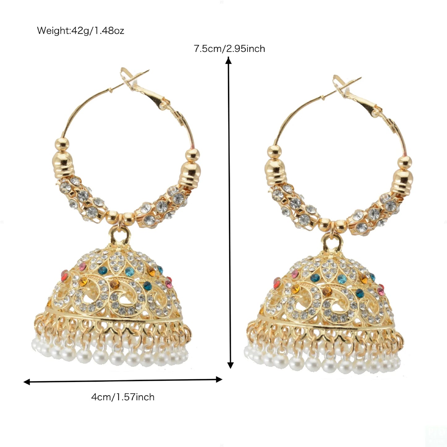 1 Pair Indian Bollywood Jhumka Earrings, Colorful Rhinestone Hollow Pearl Pendant Tassel, Women's Daily Wear Banquet Party Gift