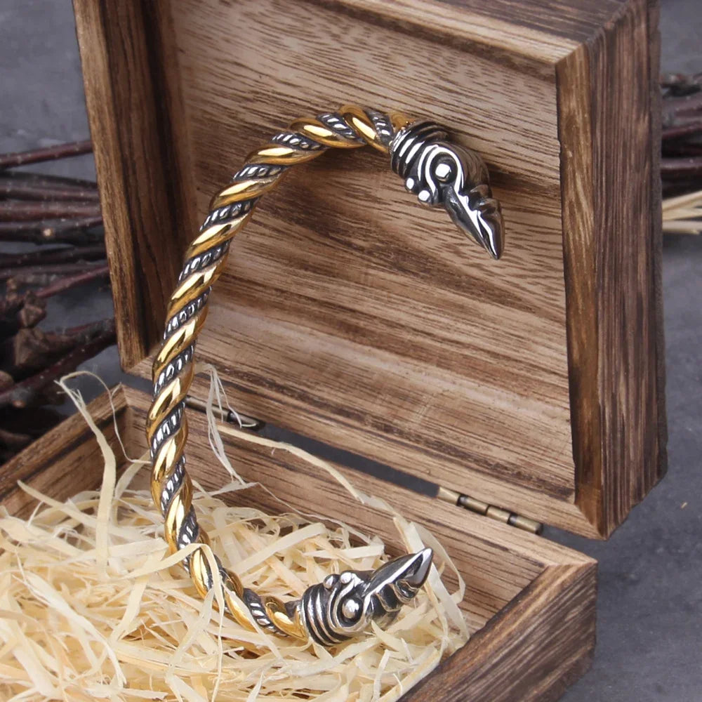 Stainless Steel Nordic Viking Norse Raven Bracelet Men Wristband Cuff Bracelets with viking wooden box