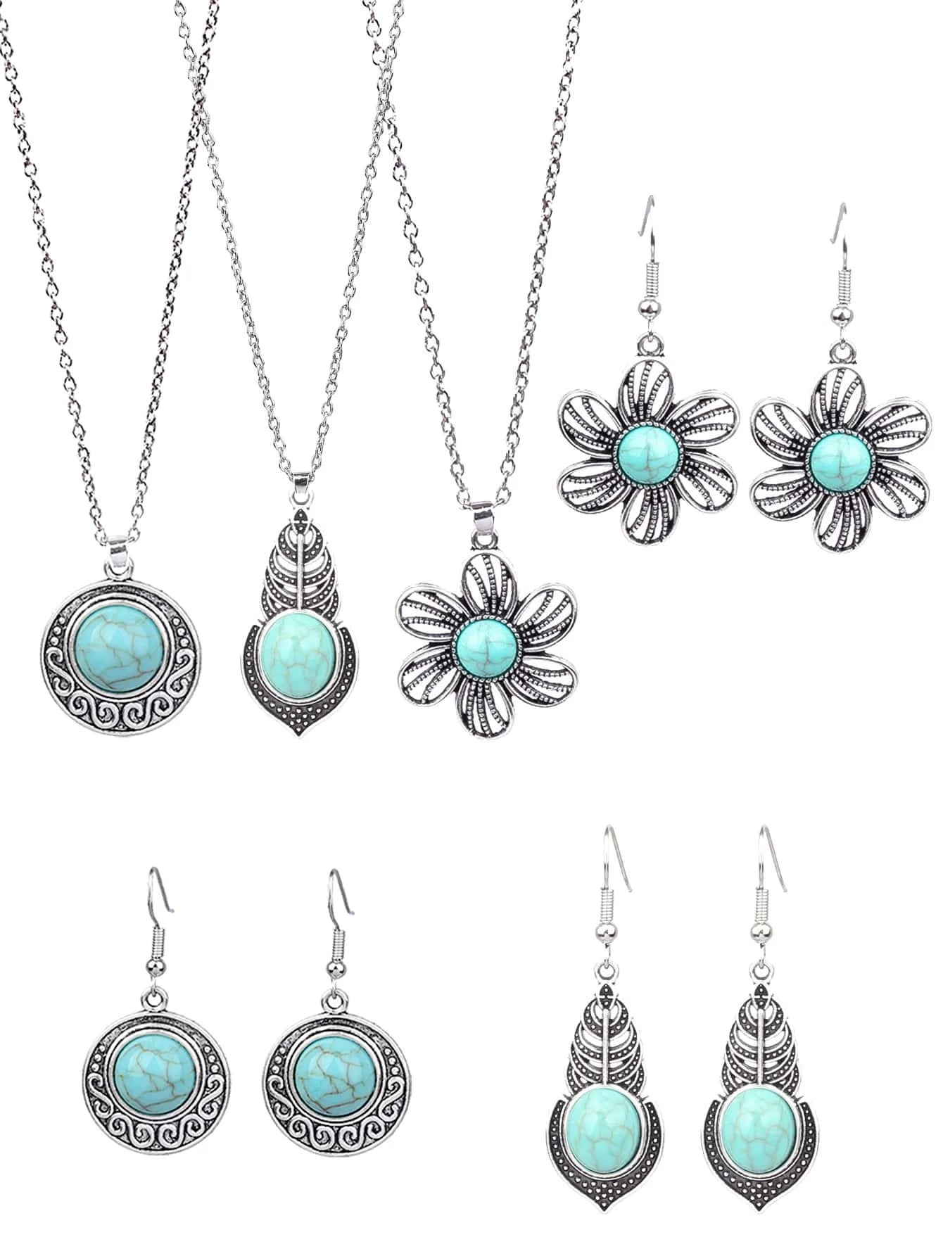 Vintage national imitation Turquoise women's earring necklace set antique silver plated alloy green earring necklace