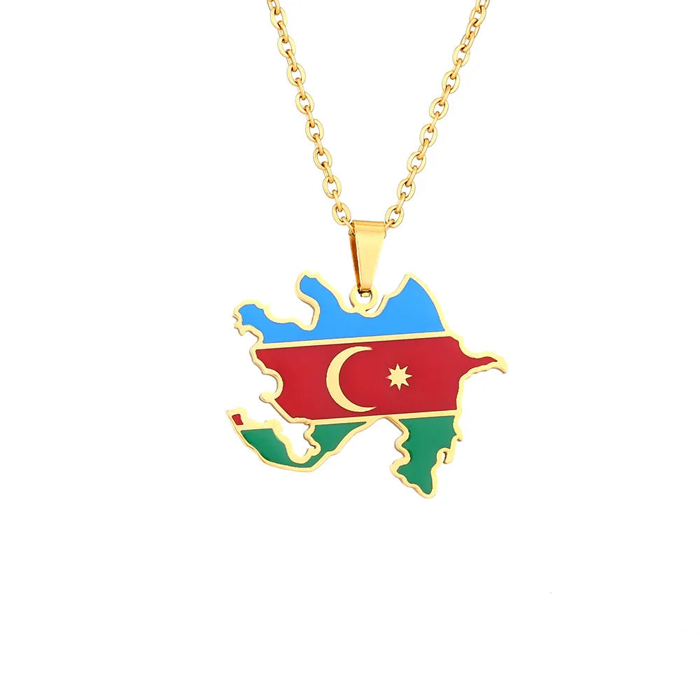 2024 new fashion stainless just Azerbaijan map with flag pendant necklace temperament everything collarbone chain birthday anniv