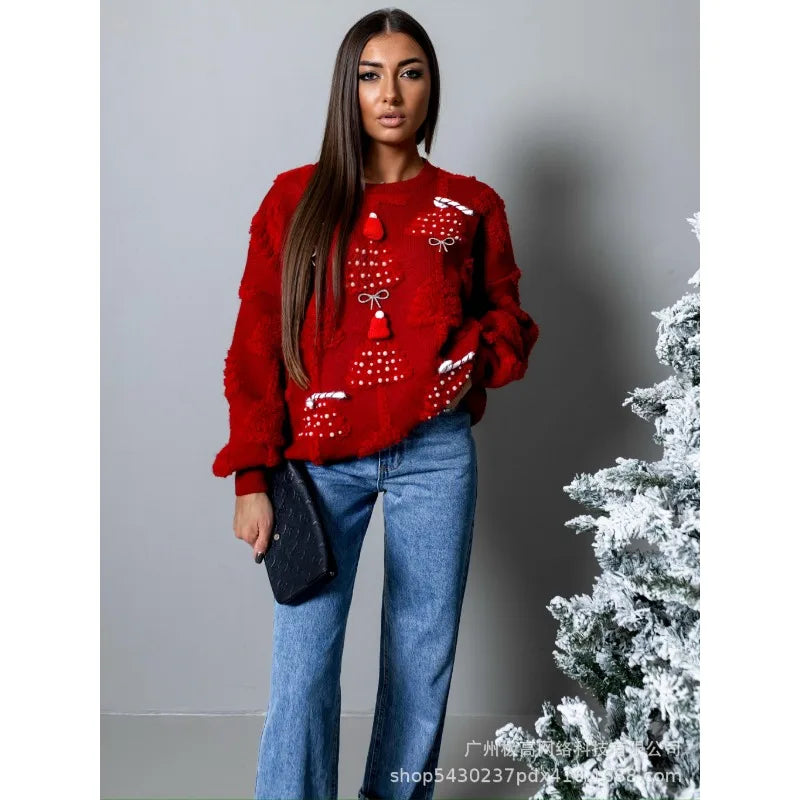 Women Solid Color Loose Pullover Knitted Sweater Autumn Winter New Christmas Sweater Top Women Lantern Sleeve Round Neck Sweater