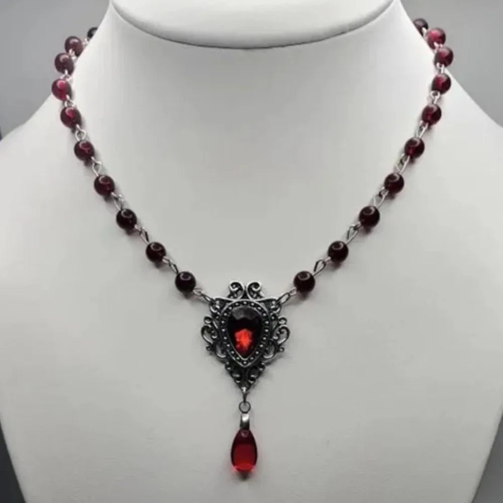 Victoria Gothic Sliver Color Lacework Red Water Drop Glass Crystal Pendant Bead Chain Necklace for Women Rose Witch Jewelry Gift