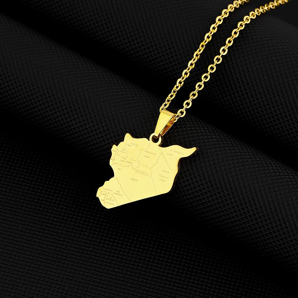 2024 new fashion stainless steel vintage Syria map with city pendant necklace temperament everything collarbone chain birthday a