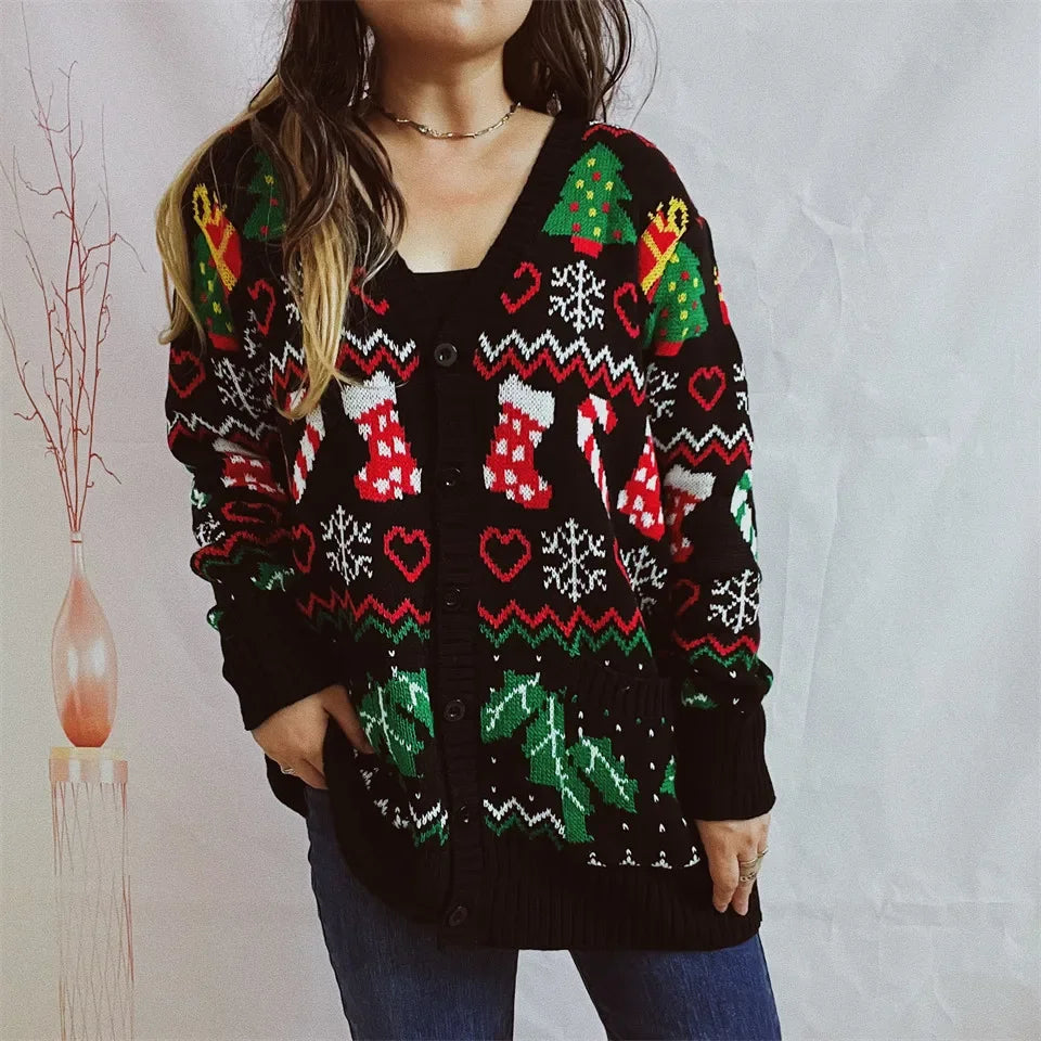 2023 Cross-border Amazon Autumn/winter New Single-breasted V-neck Christmas Theme Knit Sweater Cardigan New Year
