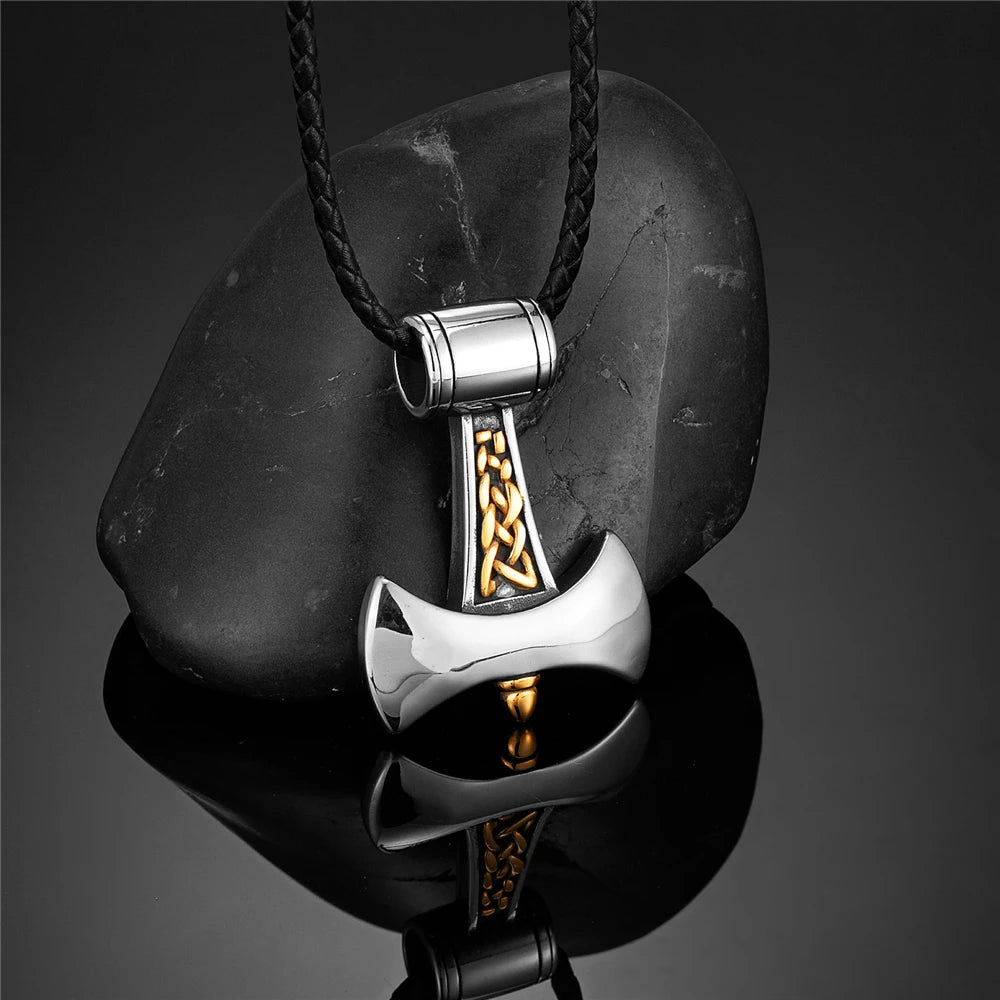 Vikings Axe Anchor Necklaces Men Titanium Steel Gold Color Norse Rune Hammer Amulet Pendant Self-defense Never Fade Male Jewelry