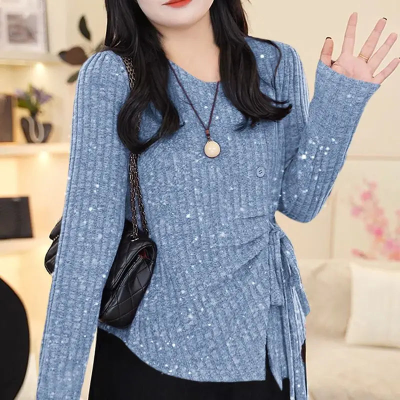 Temperament Waist-hugging and Fleece Tied Shoulder Sweater Keeps Warm in Autumn and Winter Irregular Sequins Fashionable