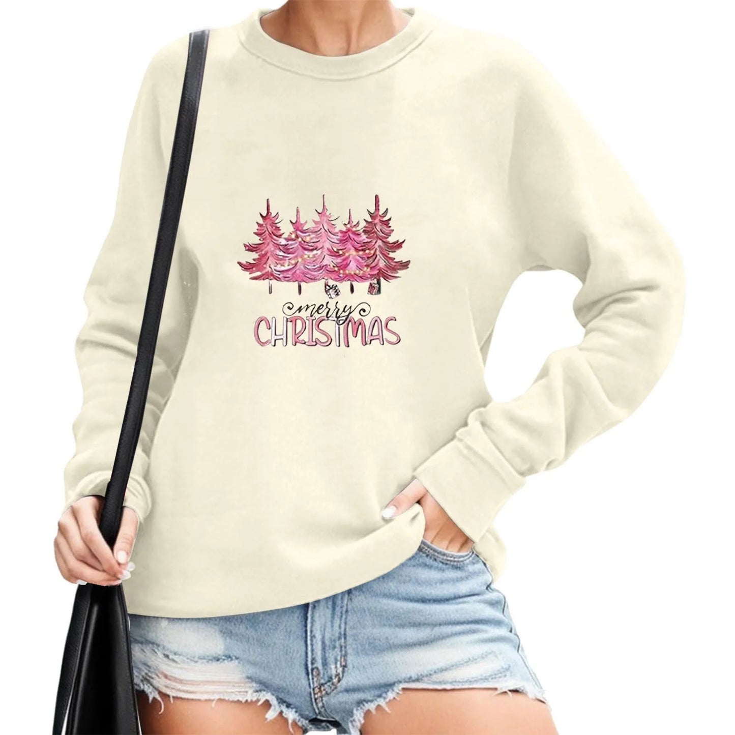 2024 Christmas Pullover Sweater Women's Winter Long Sleeve O-Neck Pullover Sweatshirts Funny Xmas Tree Print Graphic Sweater