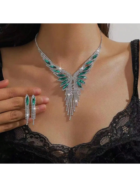 3-piece luxury crystal rhinestone and green gemstone tassel jewelry set, exquisite and elegant, perfect for wedding parties