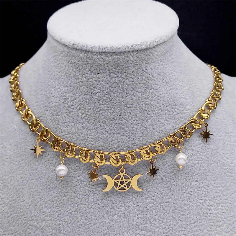 Witch Triple Moon Pentagrams Choker Necklace Stainless Steel Divination Necklaces Korean Aesthetic Jewelry collares N1729S02