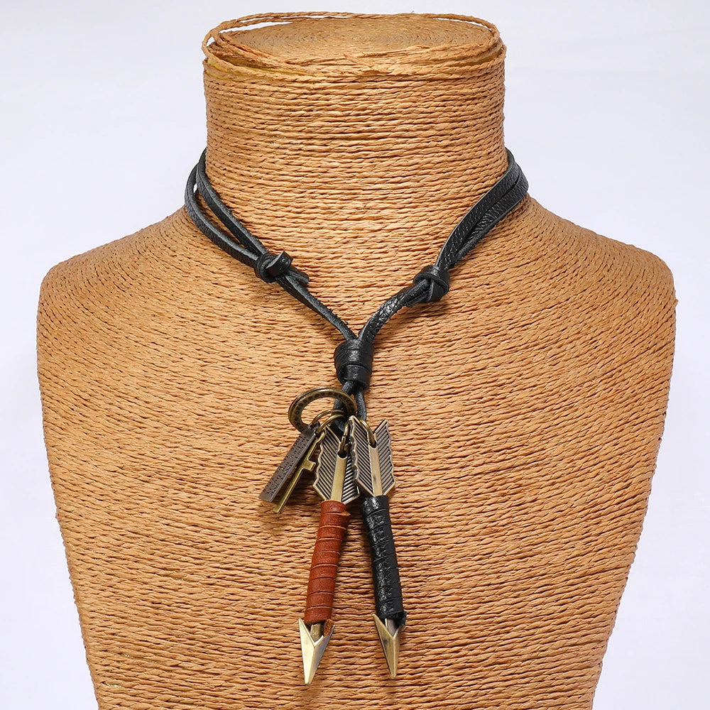 1 piece Handmade leather wrapped double arrow pendant necklace