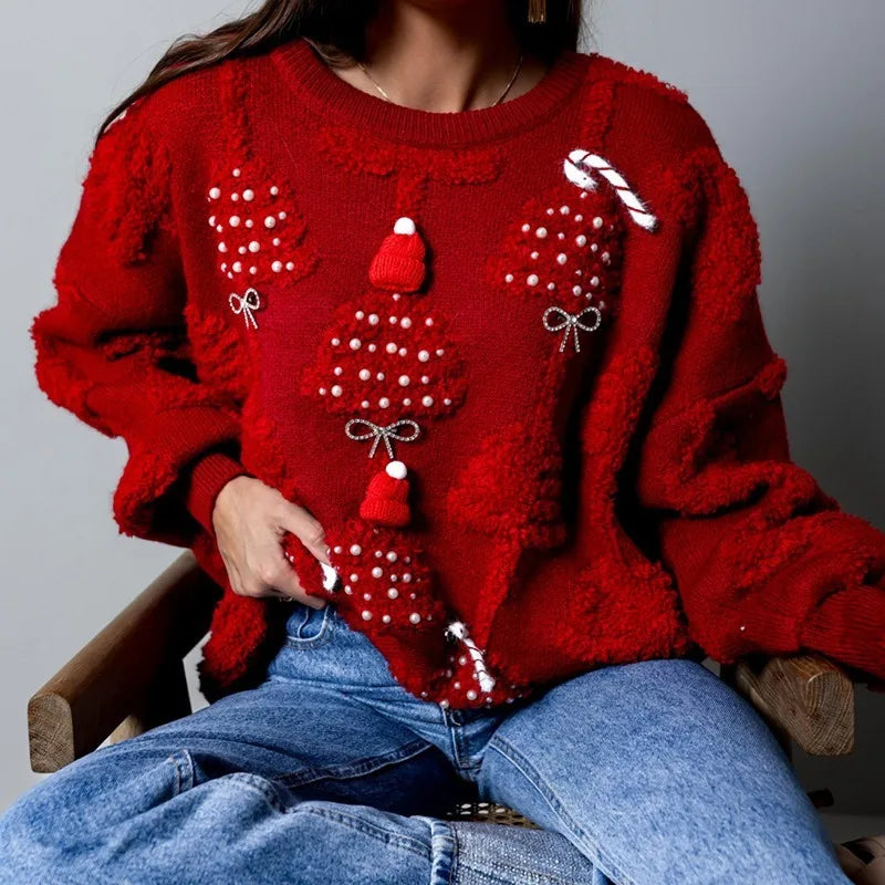 Women Solid Color Loose Pullover Knitted Sweater Autumn Winter New Christmas Sweater Top Women Lantern Sleeve Round Neck Sweater