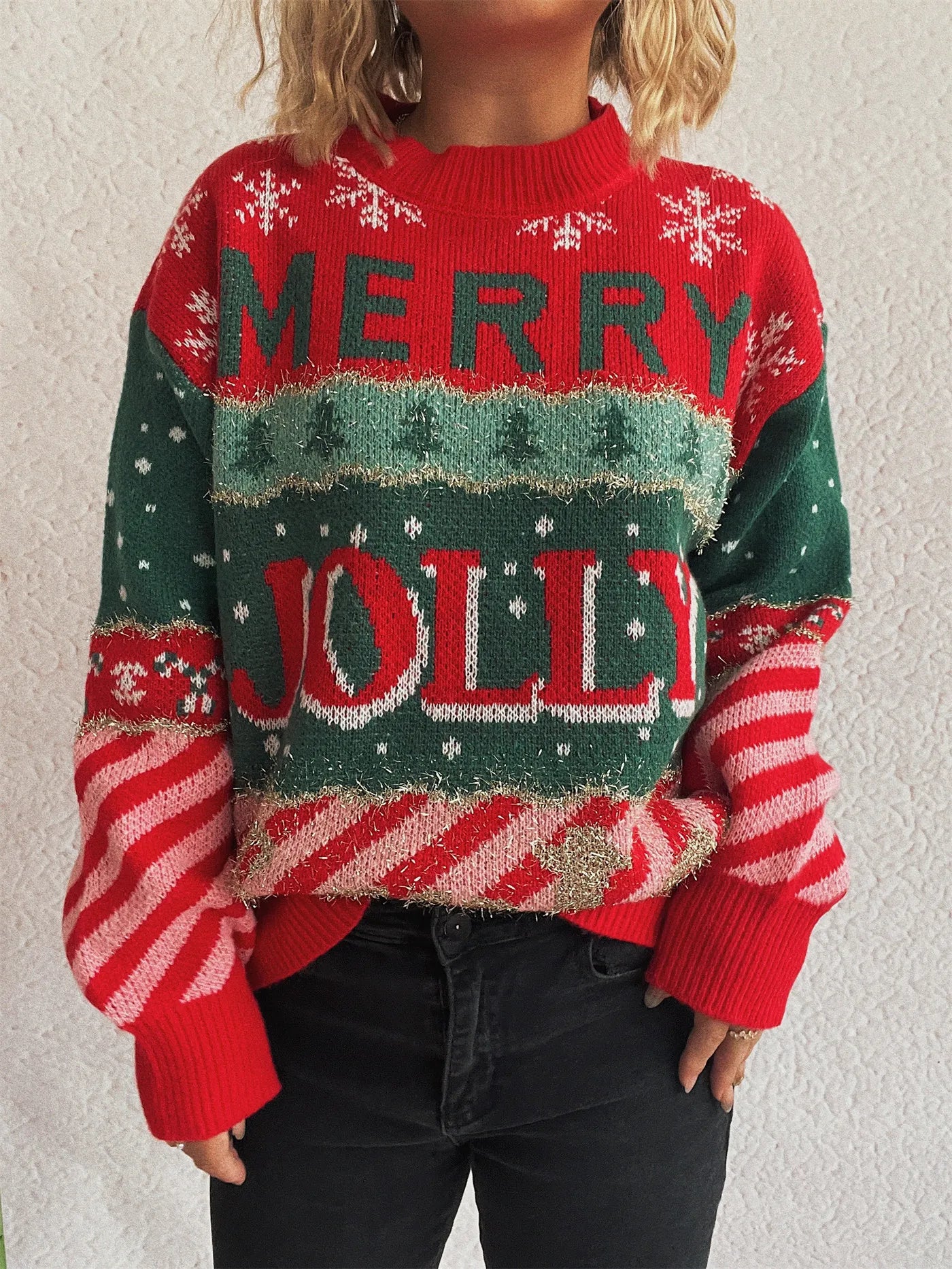 2025 Christmas Women's Jacquard Knit Sweater Round Neck Loose Fit Pullover Autumn Winter Long Sleeve Casual Red New Year Jumpers