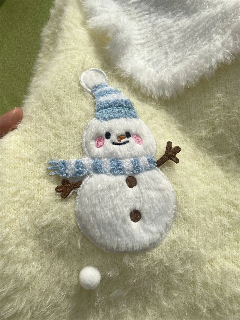 Sweet Faux Mink Cashmere Sweaters Women Kawaii Snowmen Long Sleeve Knitted Pullover Casual Cute Preppy Style Chic Loose Jumpers