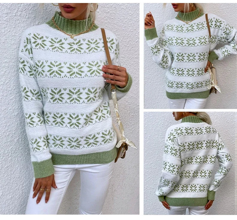 2025 Christmas Jumpers Women Mock Neck Full Sleeve Sweater Snowflake Jacquard Knitwear Warm Thick Pullover Top Xmas Party Look