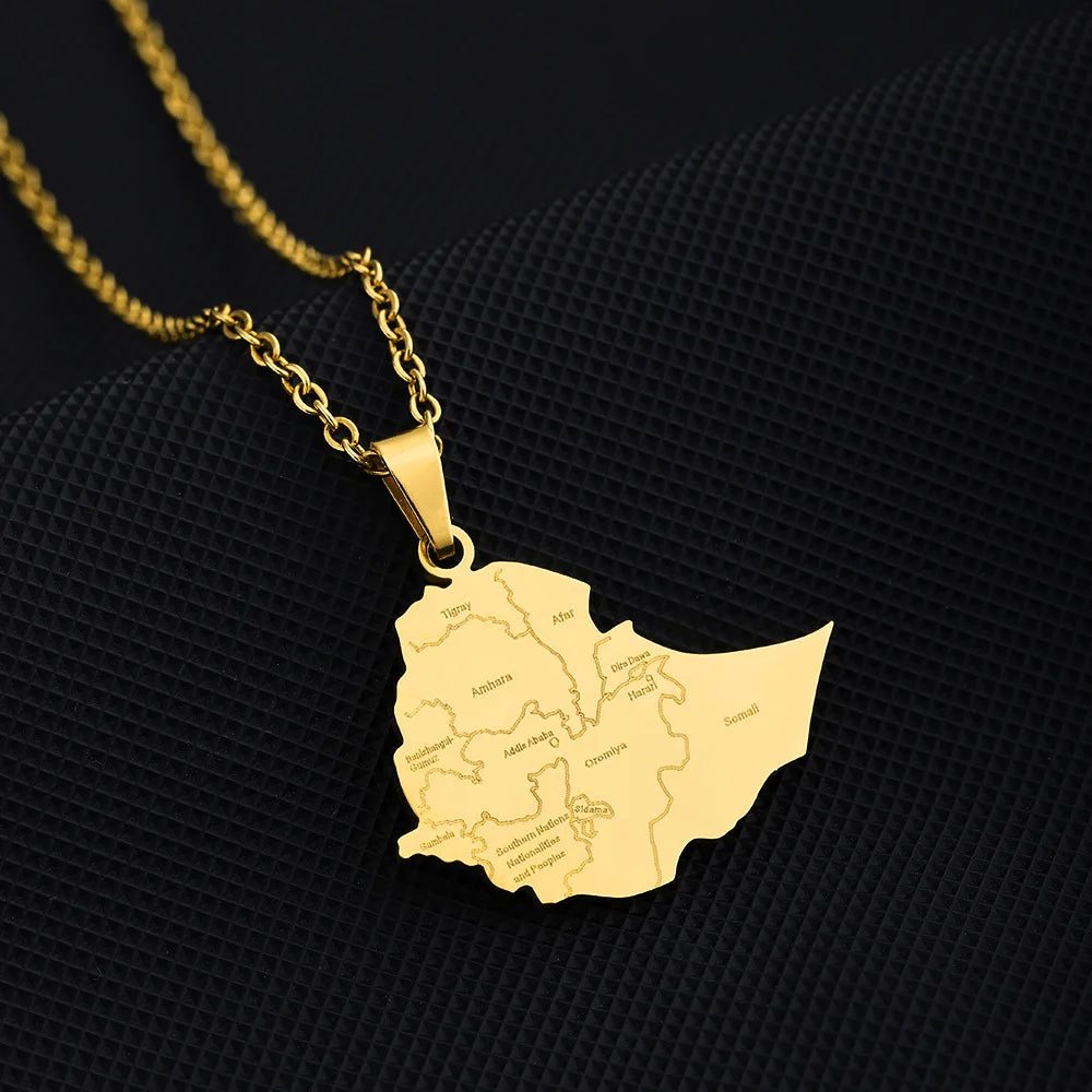 2024 New fashion stainless steel Ethiopia map with city necklace for women and men couples ethnic style accessory collarbone cha