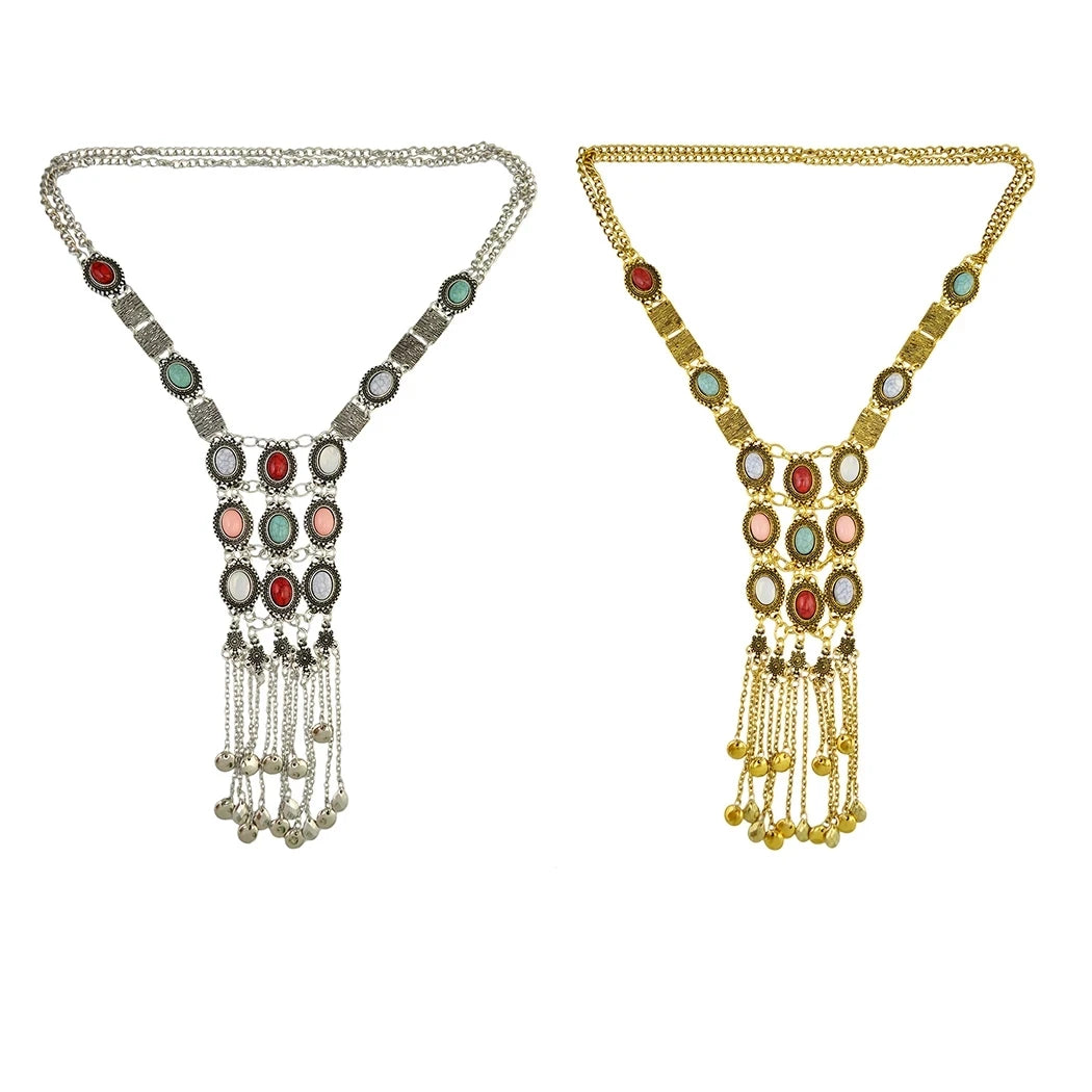 Vintage Silver Plated Gold Plated Chain Bead Stone Long Tassel Pendant Women's Necklace Suitable for Women's Party Jewelry Gifts
