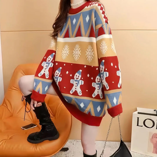 2025 Autumn Winter New Loose Oversized Sweater Women Christmas Snowflake Knitted Longline Thickened Pullover