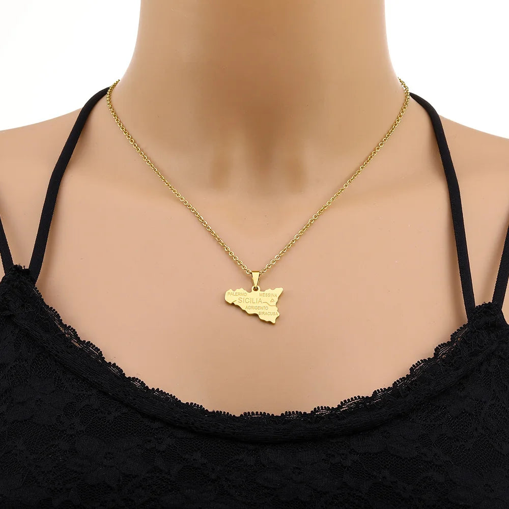 2024 new fashion stainless steel Sicily map pendant necklace temperament everything collarbone chain birthday anniversary small