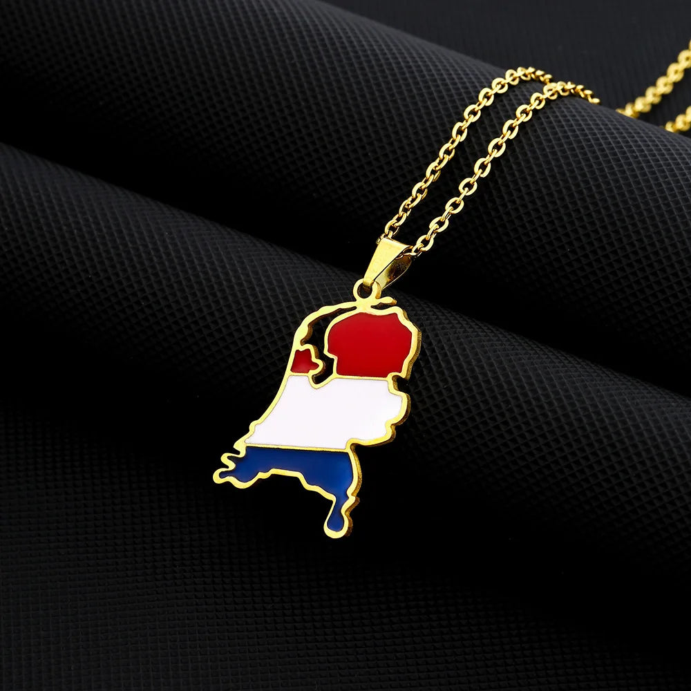 2024 new fashion stainless just vintage Dutch map flag pendant necklace temperament everything collarbone chain birthday anniver
