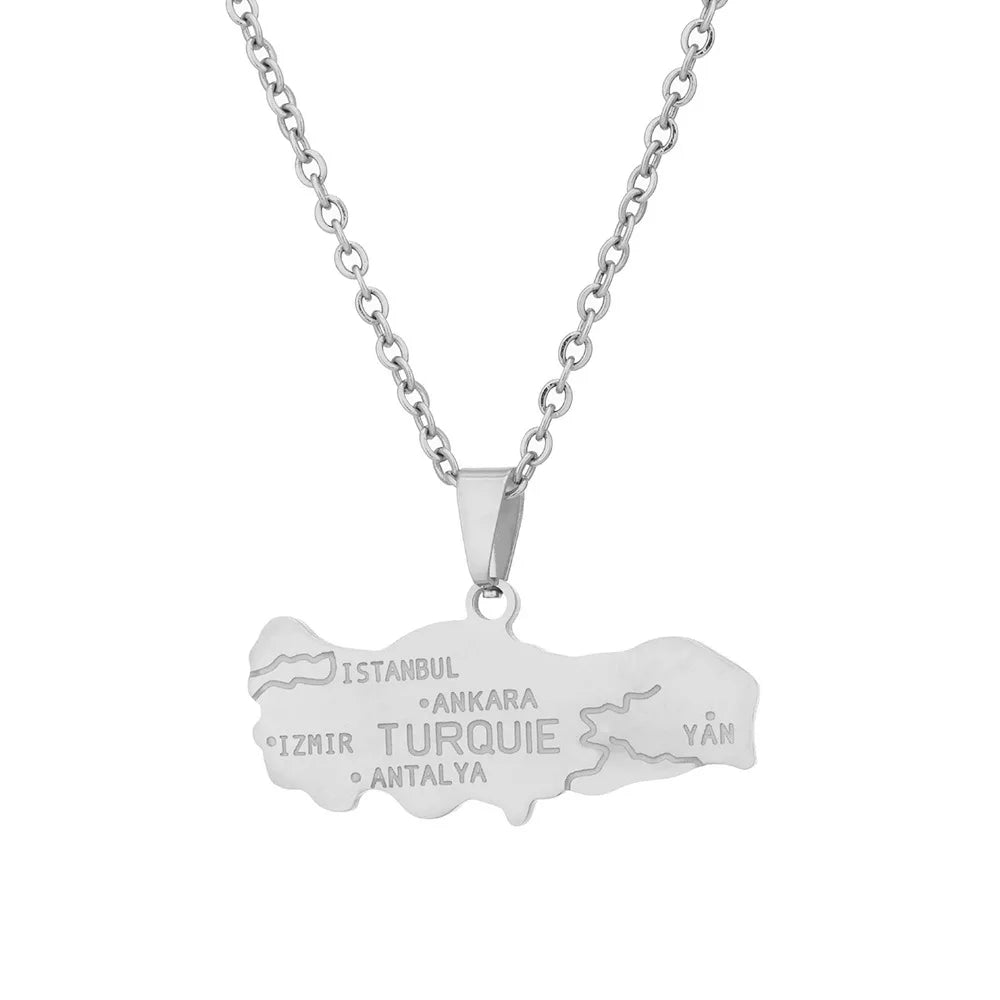 2024 New fashion stainless steel Turkish map necklace for women and men couples ethnic style accessory collarbone chain annivers
