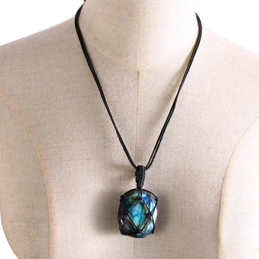 1Pc Dragons Heart Labradorite Healing Crystal Pendant Wrap Braid Natural Stone Necklace Chakra Reiki Jewelry Gift for Women Men