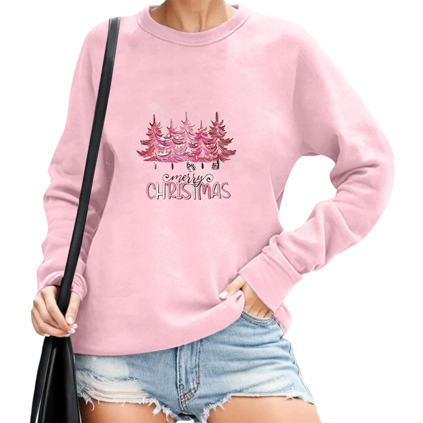 2024 Christmas Pullover Sweater Women's Winter Long Sleeve O-Neck Pullover Sweatshirts Funny Xmas Tree Print Graphic Sweater