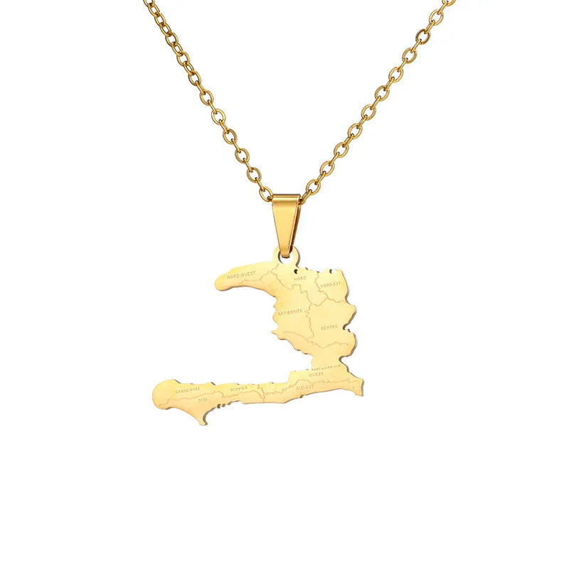 2024 New fashion stainless steel Haiti map pendant necklace temperament all-match titanium steel couple necklace gift for men an