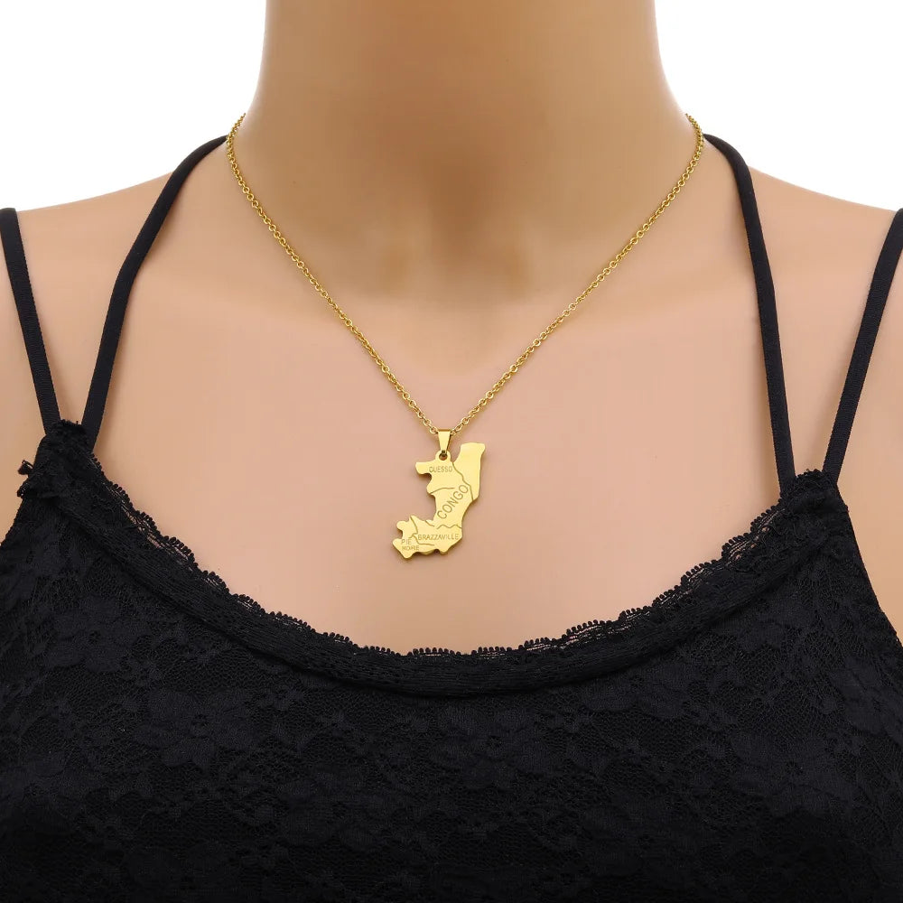 2024 New fashion stainless steel Congo map pendant necklace for men and women geometric titanium steel pendant ethnic style clav