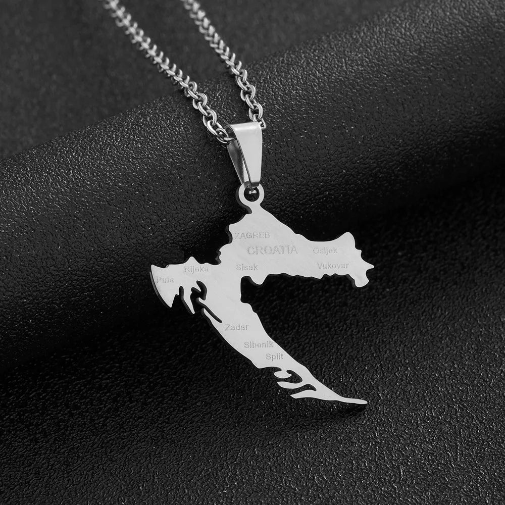 2024 New fashion stainless steel Croatia map and city necklace men's and women's geometric ethnic style collarbone chain anniver