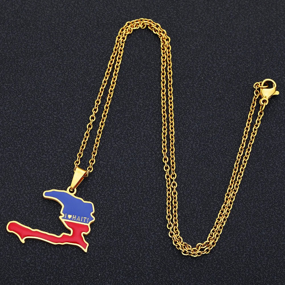 2024 new fashion stainless steel Haiti map pendant necklace temperament everything collarbone chain birthday anniversary gift