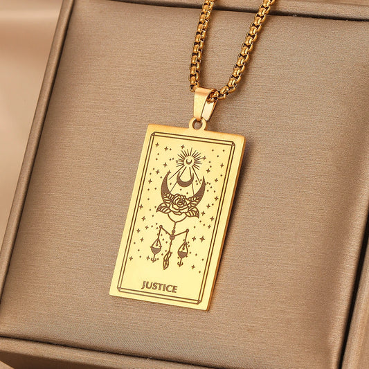 Vintage Moon Rose Flower Tarot Card Necklace Talisman Stainless Steel Libra Justice Necklace for Women Men Sun Amulet Jewelry