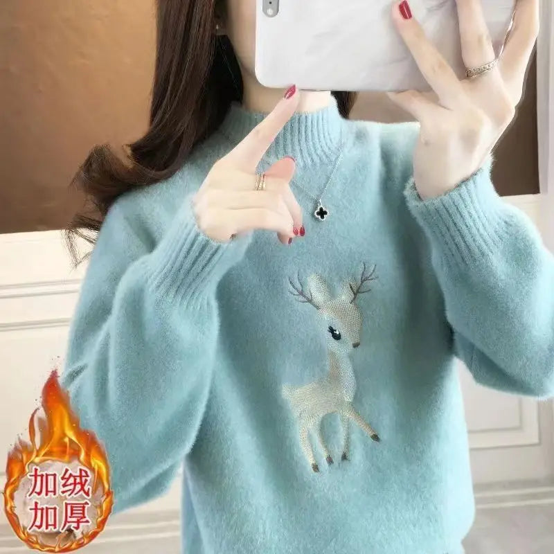 2023 Christmas Sweater Women Faux Mink Cashmere Half High Collar Pullover Fleece Winter Clothes Embroidery Deer Warm Jumper